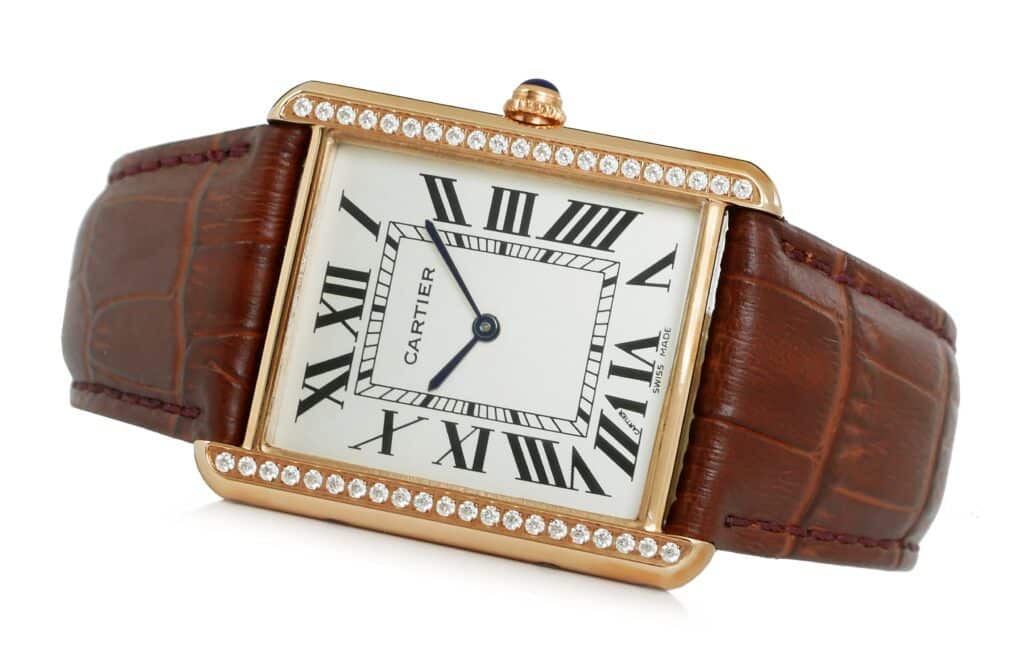 Cartier - Tank - Louis - Rose-Gold Diamond-Case Leather White - wt200005 Replica