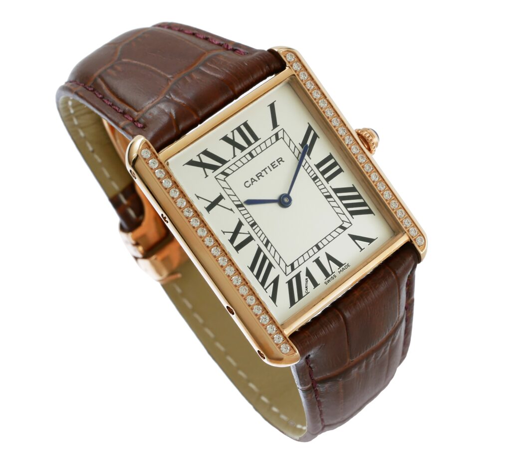 Cartier - Tank - Louis - Rose-Gold Diamond-Case Leather White - wt200005 Replica