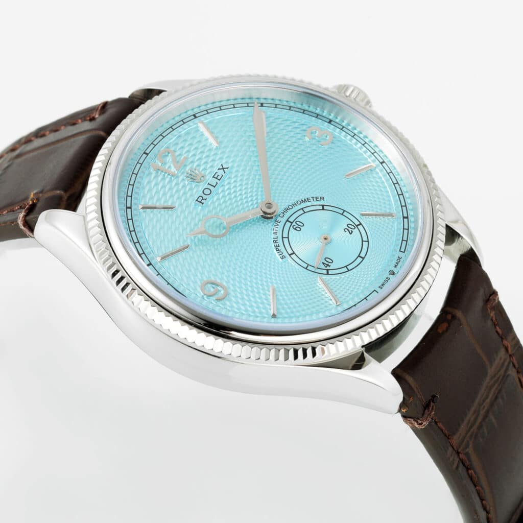 Rolex 1908 39mm Steel Ice Blue Rice Grain Motif Replica
