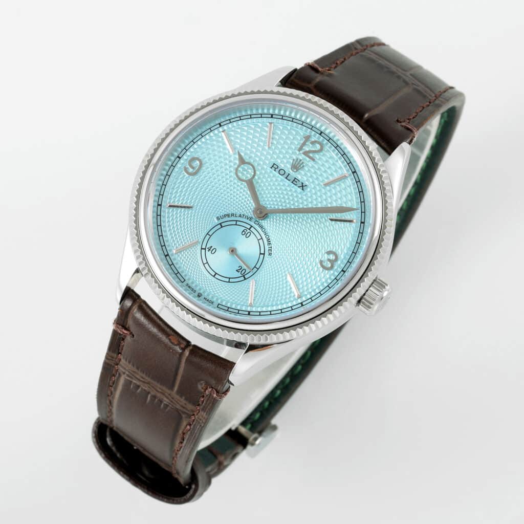 Rolex 1908 39mm Steel Ice Blue Rice Grain Motif Replica
